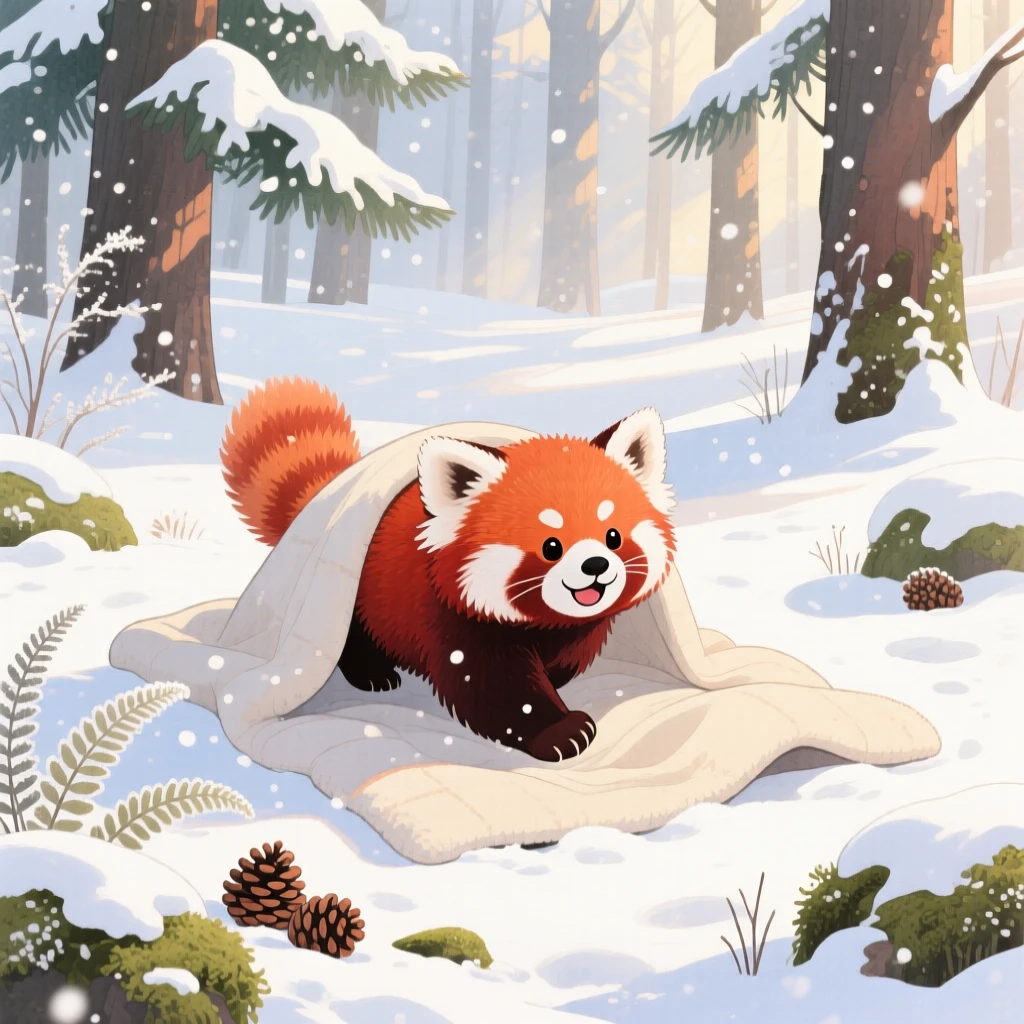 A red panda romping through freshly fallen snow, set in a quiet forest clearing dappled with sunlight, brimming with cozy comfort.