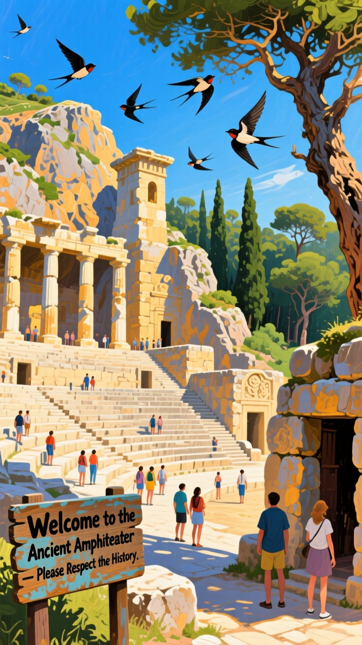 On a clear summer day with swallows circling the towers, an ancient amphitheater carved into a hillside, at the edge of a dense, ancient forest, tourists wandering quietly through its ancient halls.