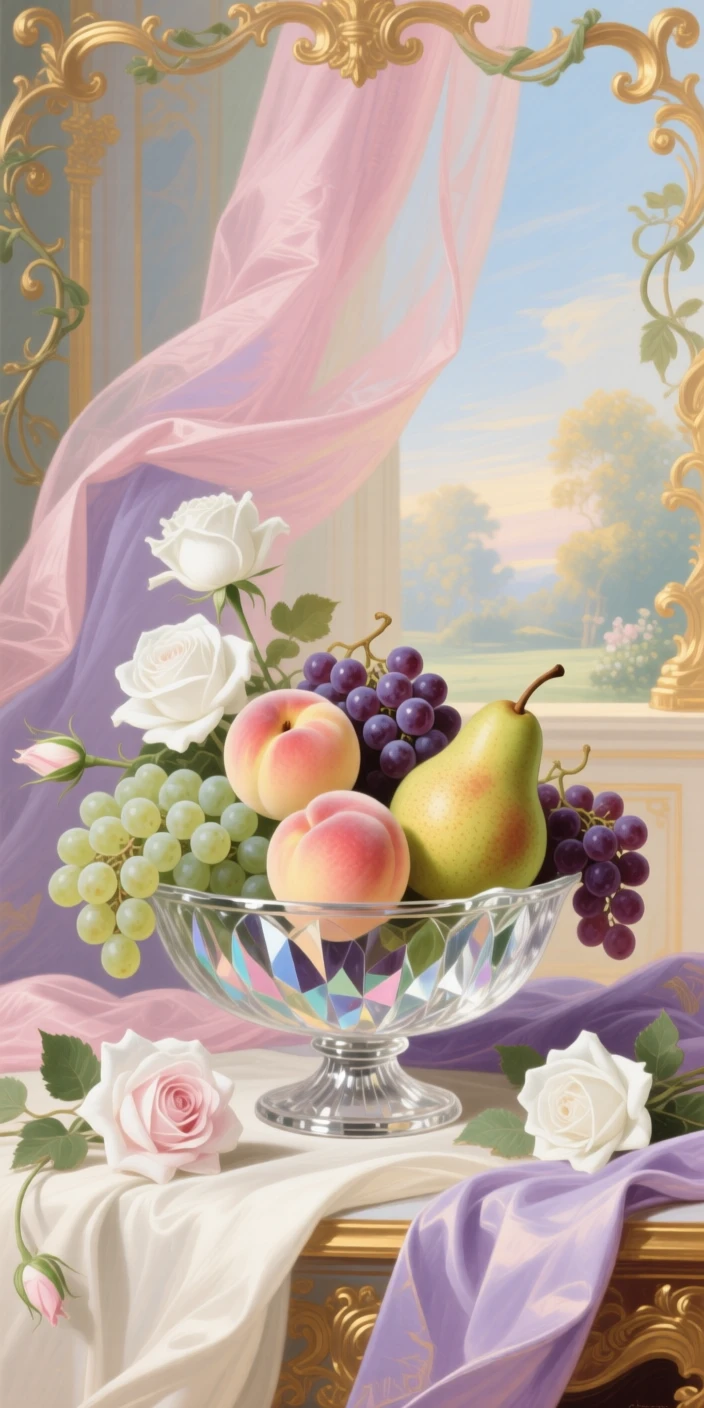 A crystal bowl filled with peaches, grapes, pears, and white roses  