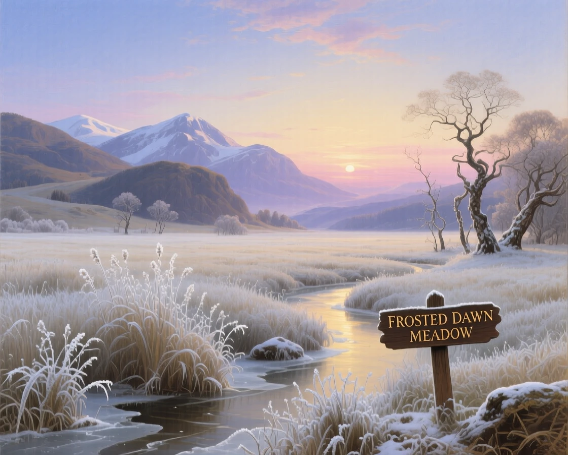 Frost coats a quiet meadow as the first light of a winter morning appears.