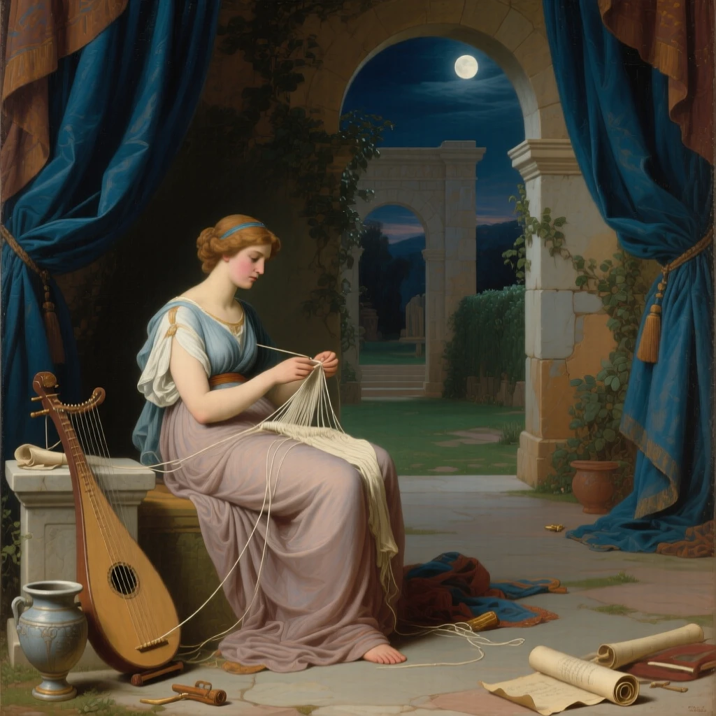 Odysseus's faithful wife Penelope unraveling her weaving by night in a scene familiar yet freshly reimagined, set within a moonlit garden fit for legend, with painted stage curtains and scattered theatrical props; receding archways create a sense of stepping into another world, filled with romance, imagination, and quiet drama.