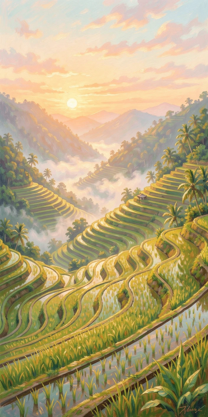 A tranquil rice terrace in the Philippines carved into steep hillsides, mist settling in the valleys below, at golden sunrise, radiating joy and gentle celebration.
