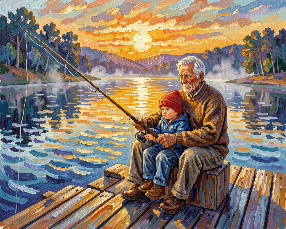 A grandfather and grandson fishing together in comfortable silence at sunrise.
