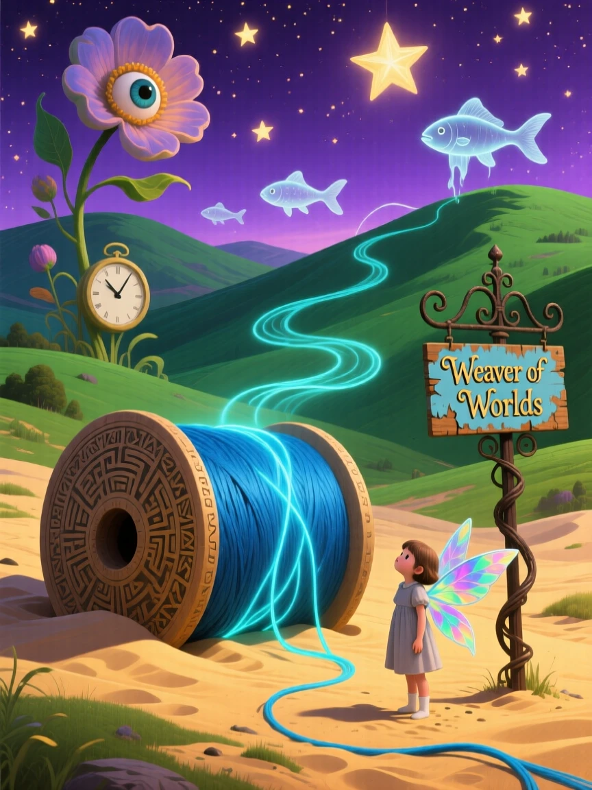 A massive spool of thread unraveling across rolling green hills rests half-buried in drifting golden sand, while a single small figure stands beside it for scale.