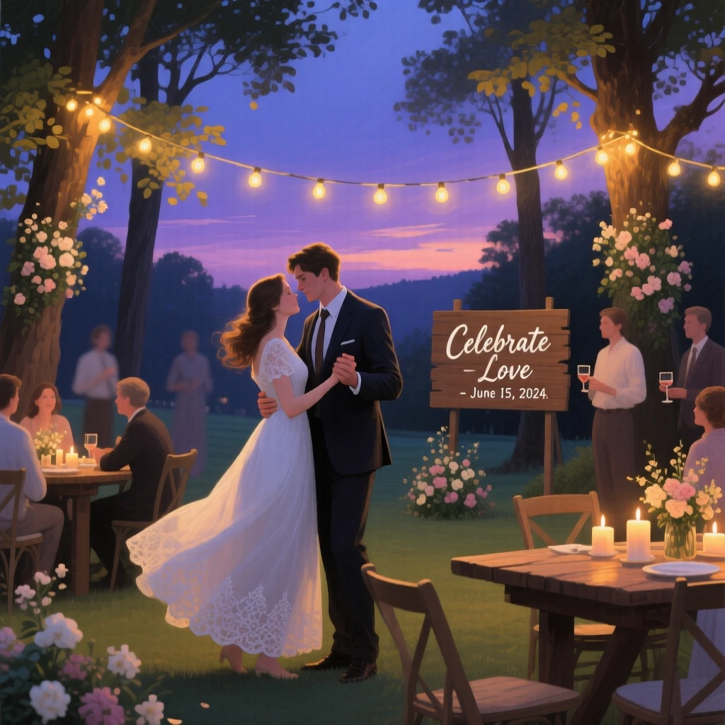 A young couple shares a quiet dance beneath string lights at an outdoor wedding reception, other guests blurred softly in the background as dusk settles, the surrounding environment framing them naturally without overwhelming the human focus of the scene.