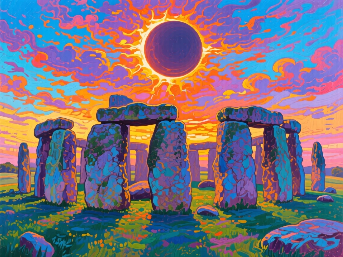an ancient stone circle standing beneath a sky glowing with the last light of a total solar eclipse