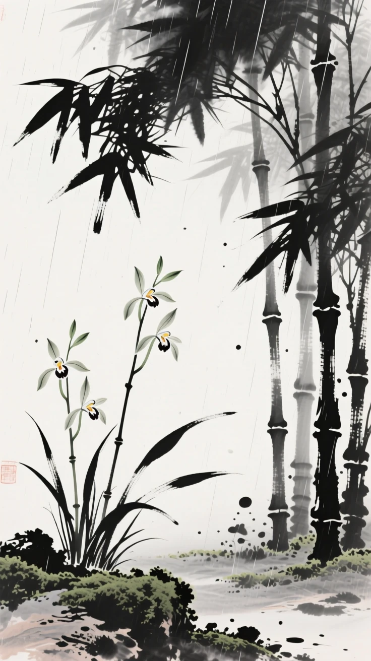 Slender orchids bloom quietly in the shade of a bamboo grove, as a light rain dampens the surrounding moss.