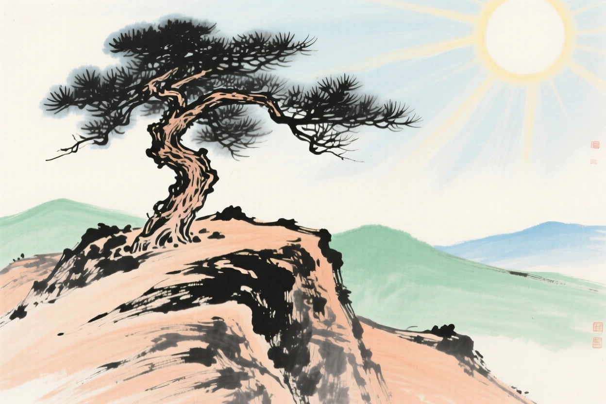 A solitary pine standing atop a windswept ridge, at midday, carrying a mood of wistful nostalgia.