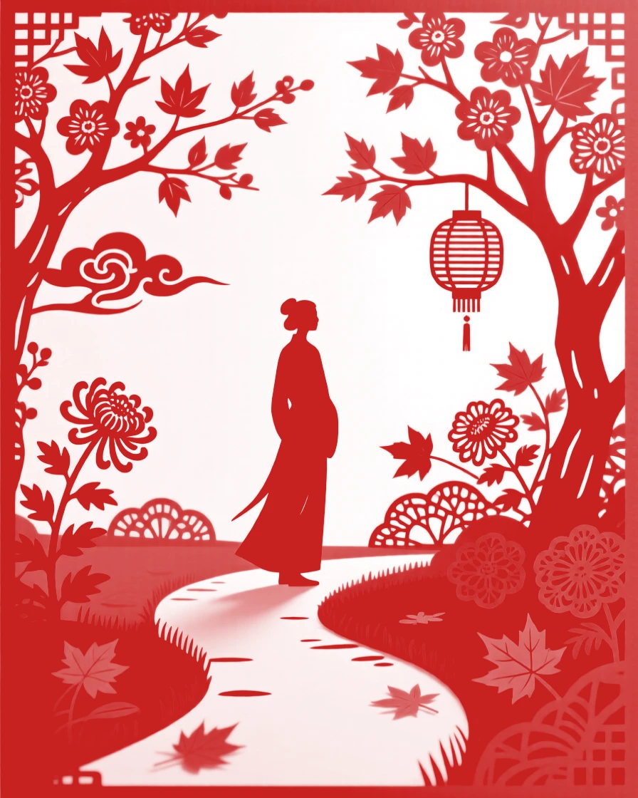 A Autumn scene of a garden path lined with blossoming trees, a lone figure pausing to take in the view.