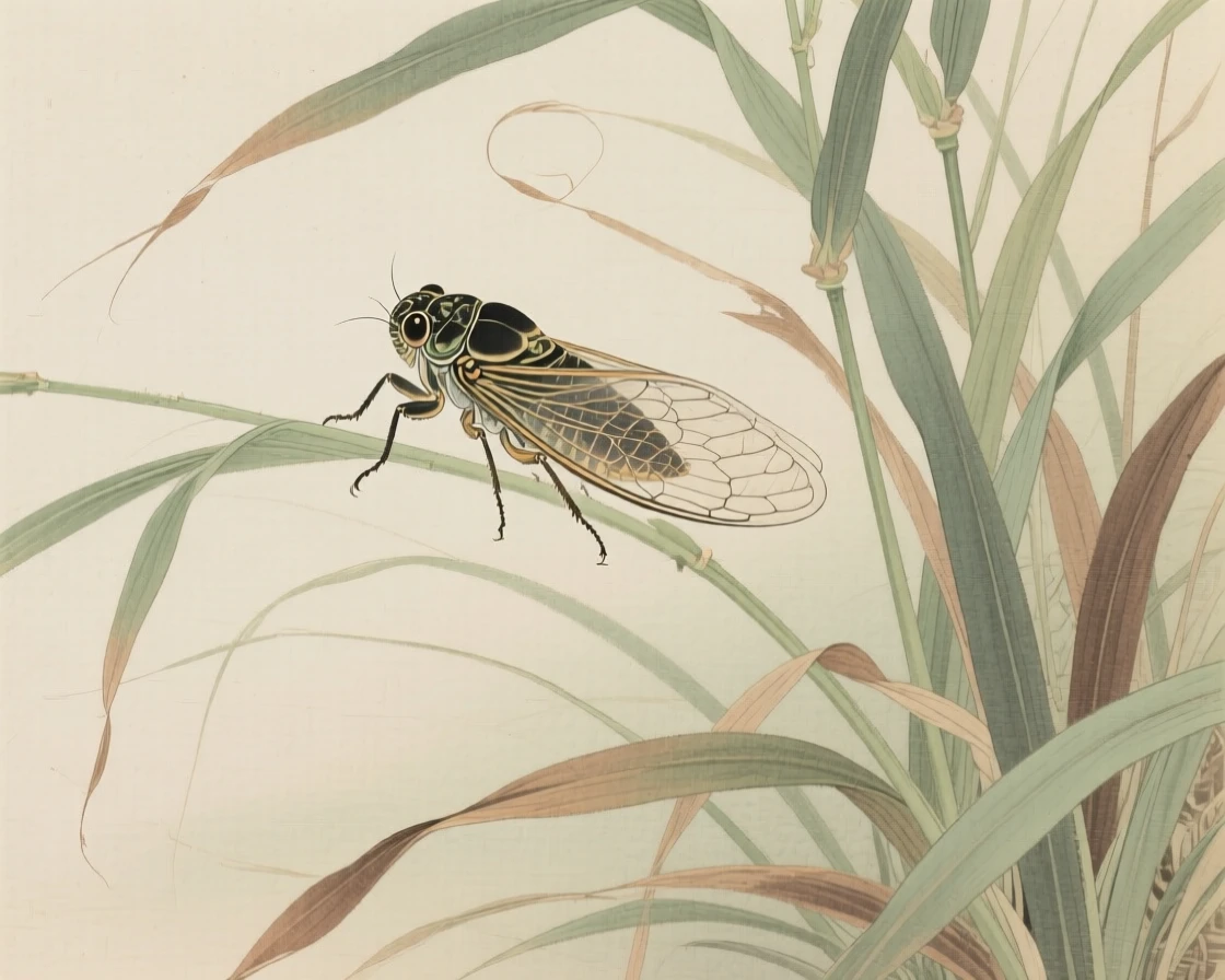 A cicada among tall grasses swaying in the breeze