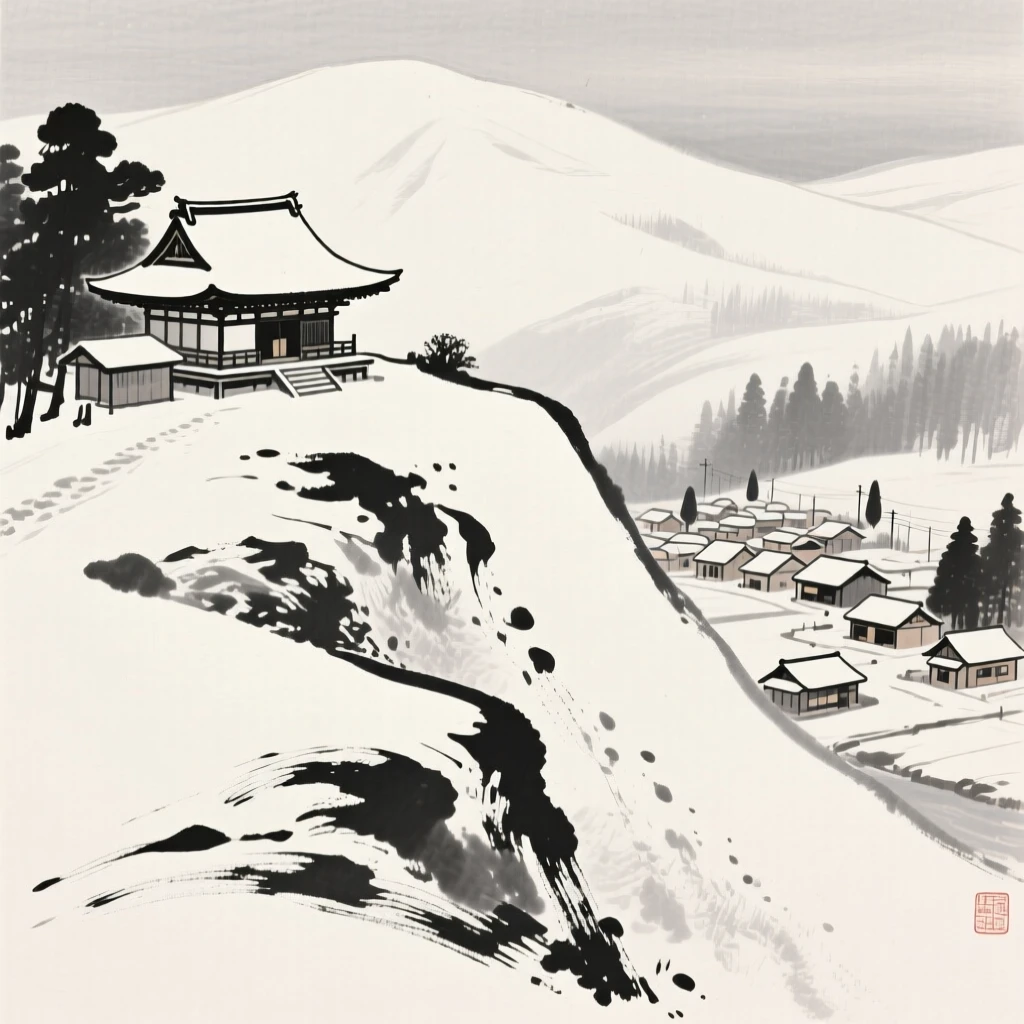 A quiet snowbound temple during the depths of winter on a hillside overlooking the village below, seen from a gentle elevated view over the gathering below, capturing the quiet magic of a changing season.
