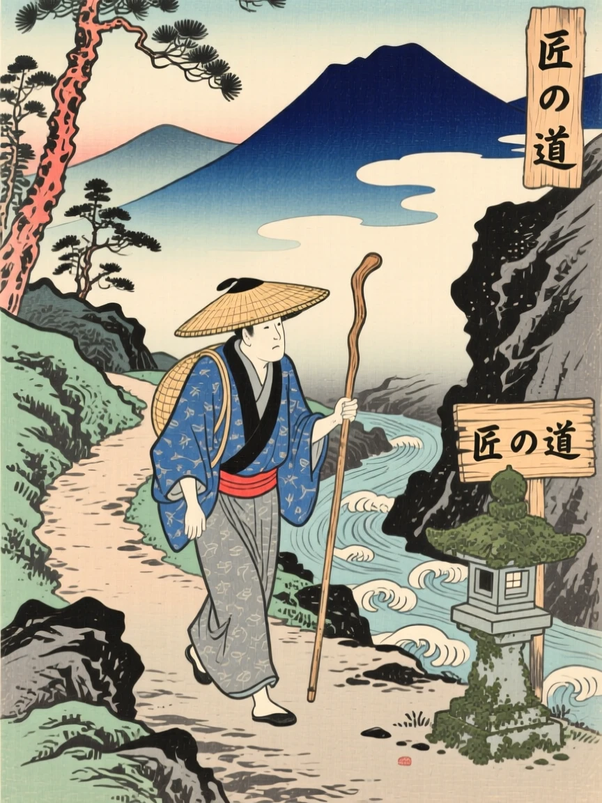 A craftsman walking a mountain path with a wooden staff.