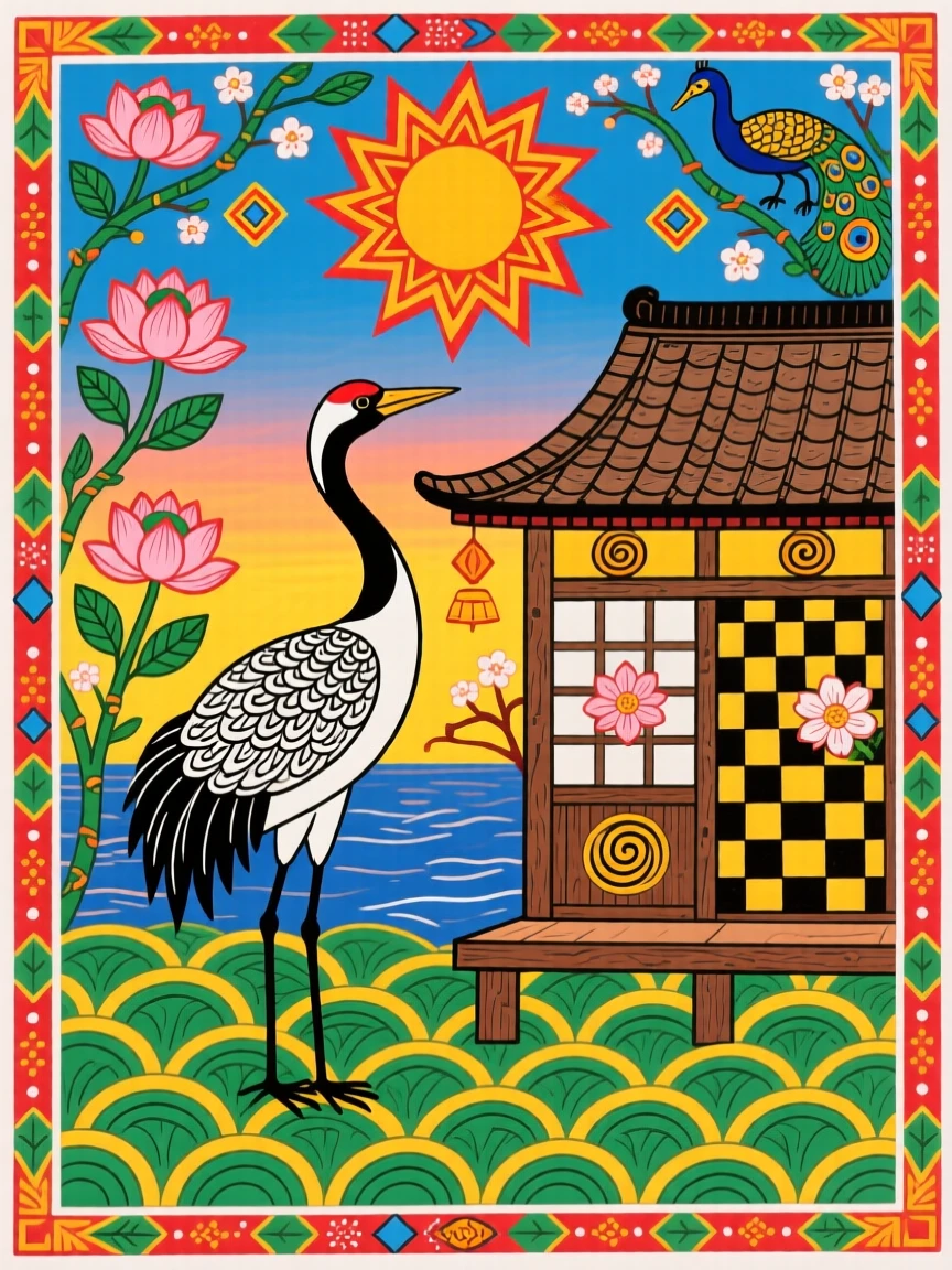 A crane standing gracefully beside a Japanese teahouse at dawn.
