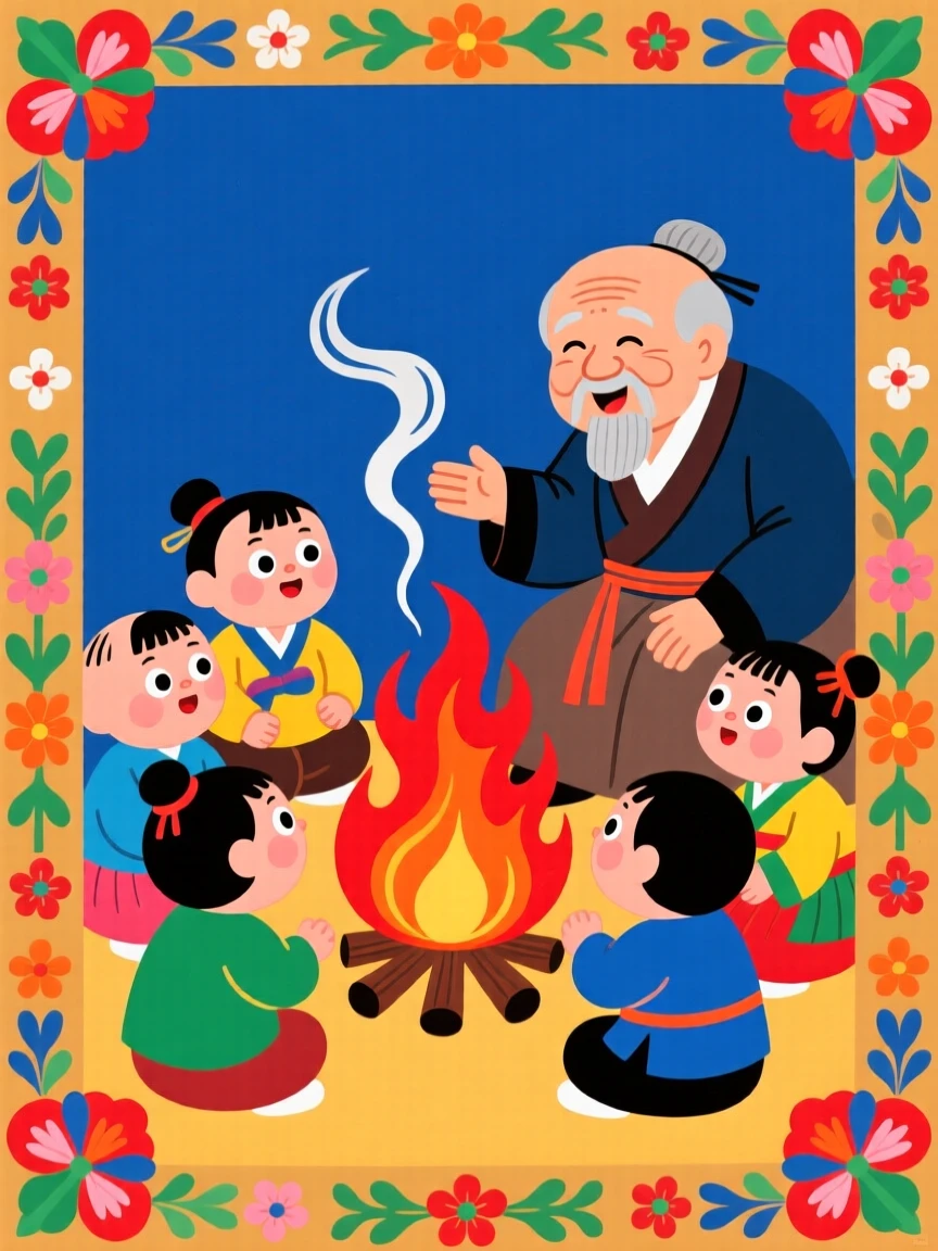 A grandfather telling stories to wide-eyed children by a fire.