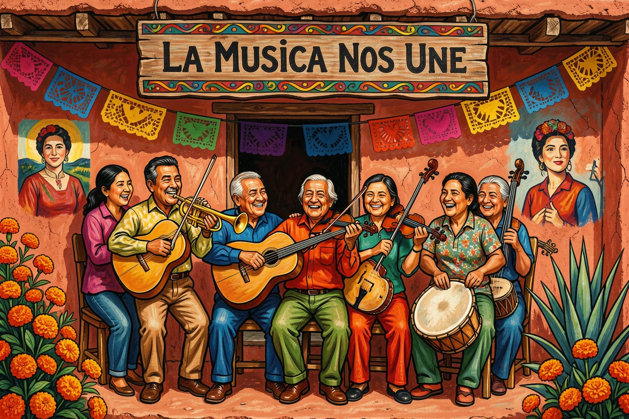 A family band playing music together on their porch