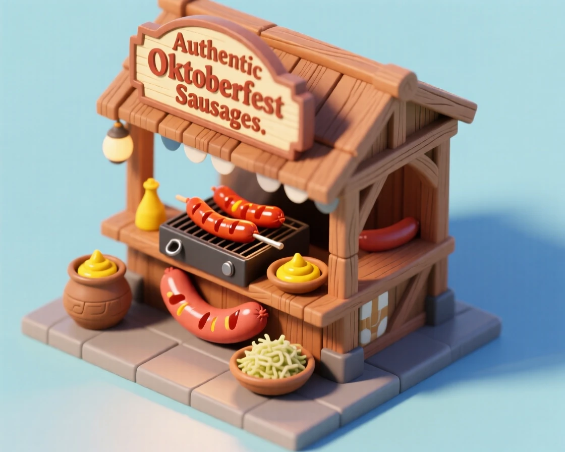A rustic sausage stand at an Oktoberfest festival, sizzling links on the grill, mustard and sauerkraut in small dishes nearby.