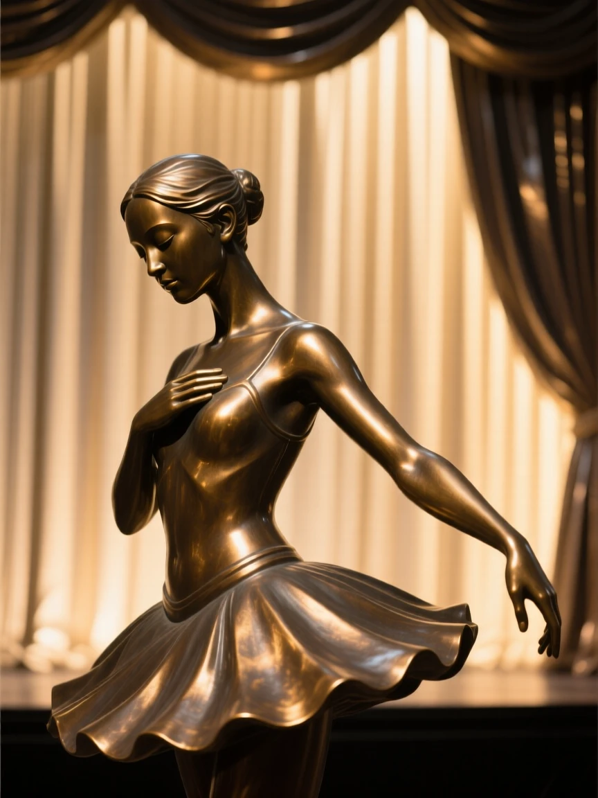 A dancer's silhouette against a glowing theater curtain, with a serene, contemplative gaze, forming a strong central focal point