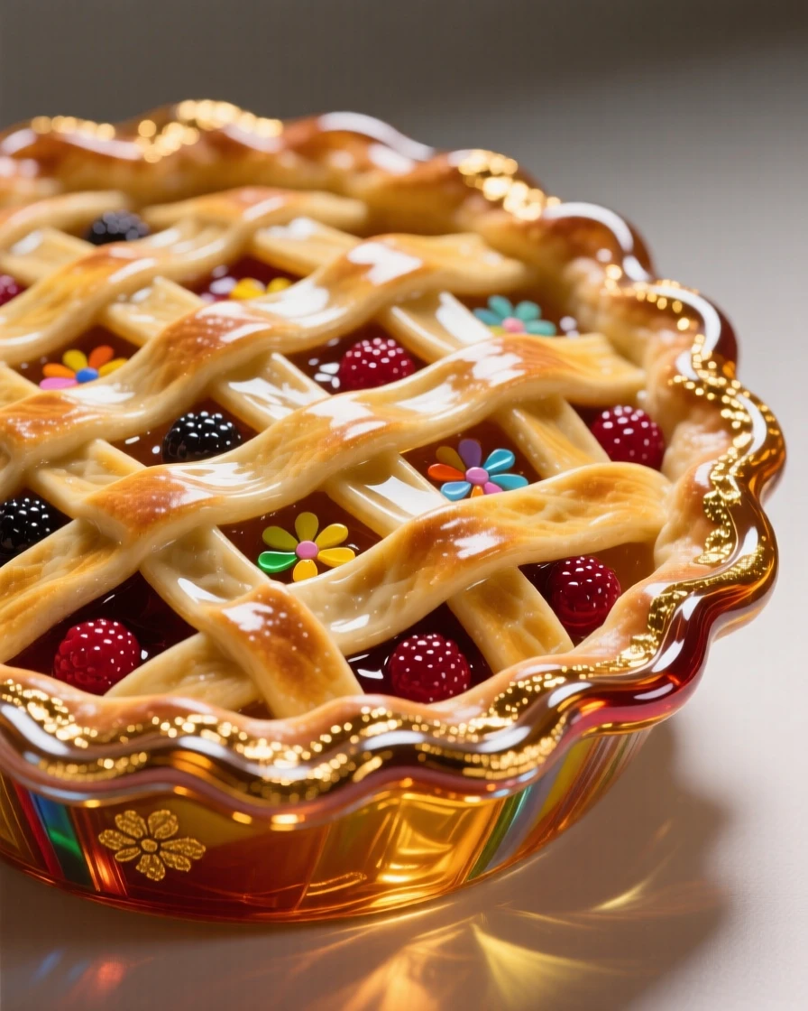 A rustic pie fresh from the oven with a golden lattice crust, cozy and nostalgic.