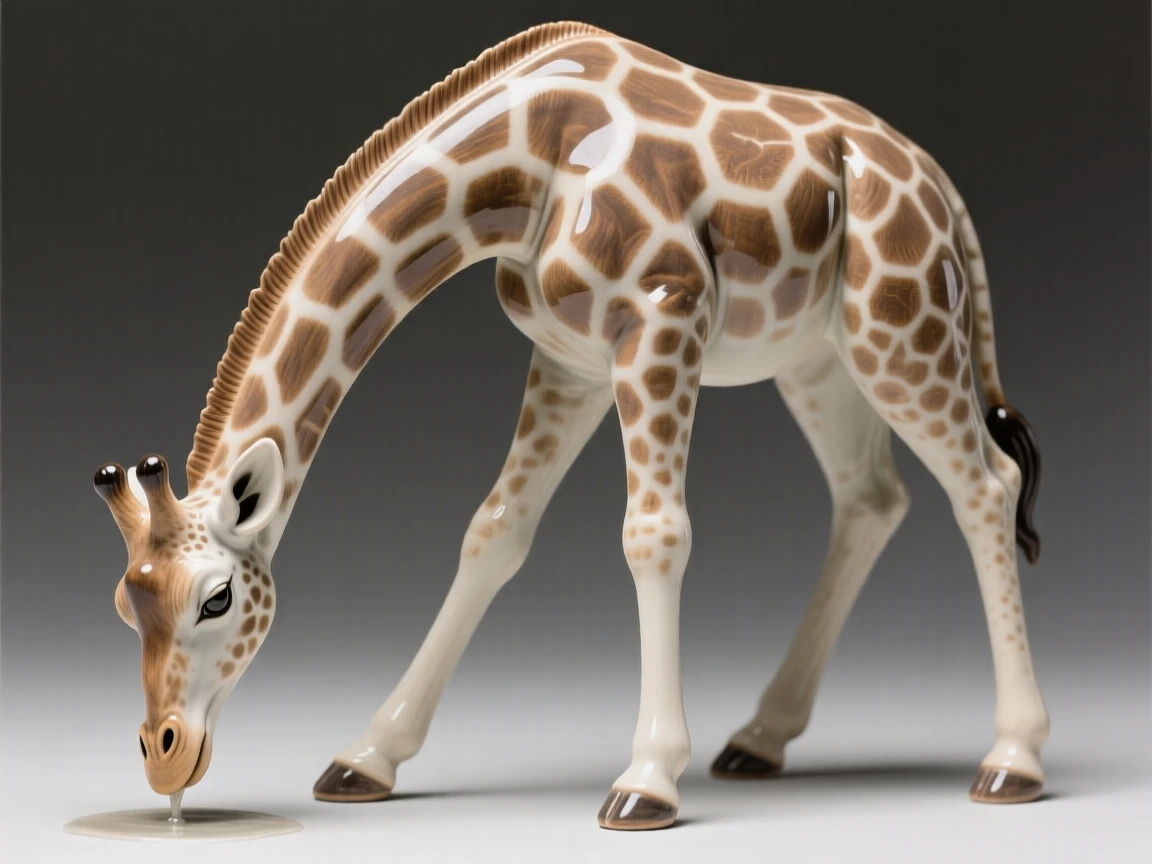 A giraffe bending its long neck to drink frozen in a moment of quiet vigilance, with one paw raised mid-step, stirring a feeling of gentle wonder.