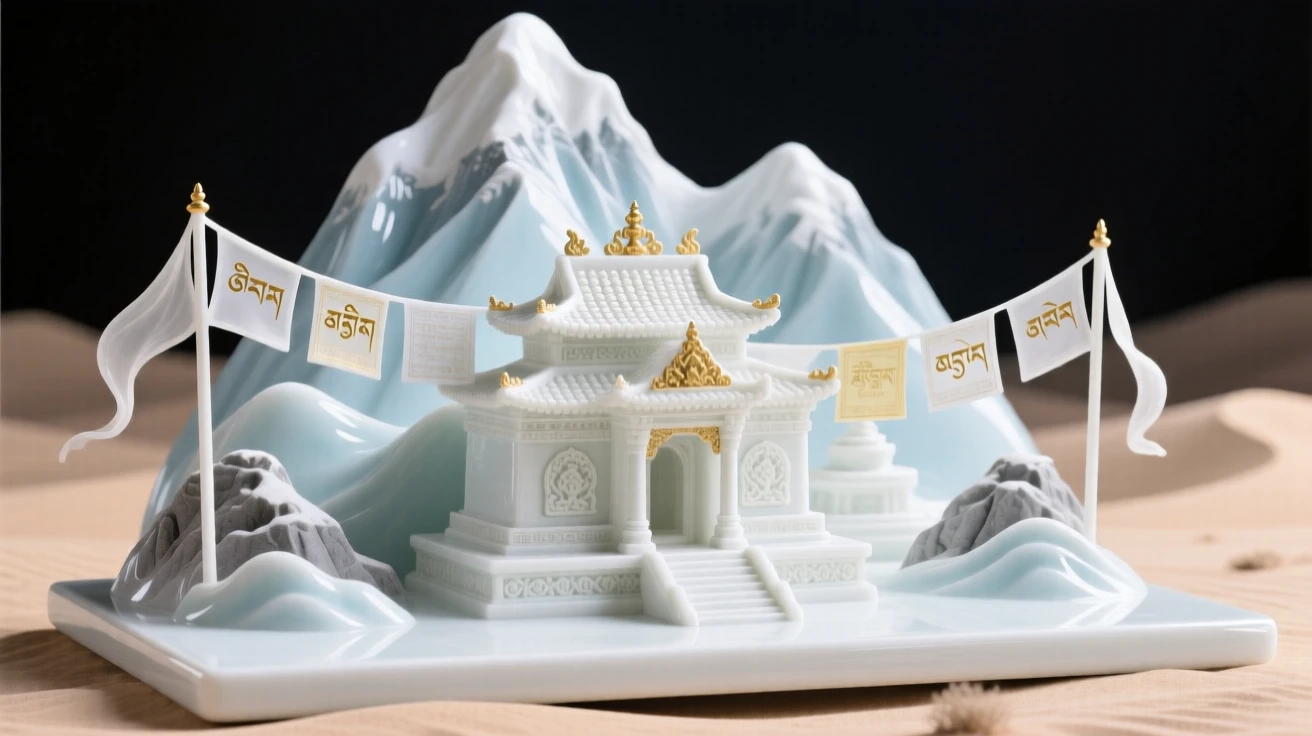 A serene desert temple complex nestled in snow-capped mountains, prayer flags fluttering gently in the breeze.