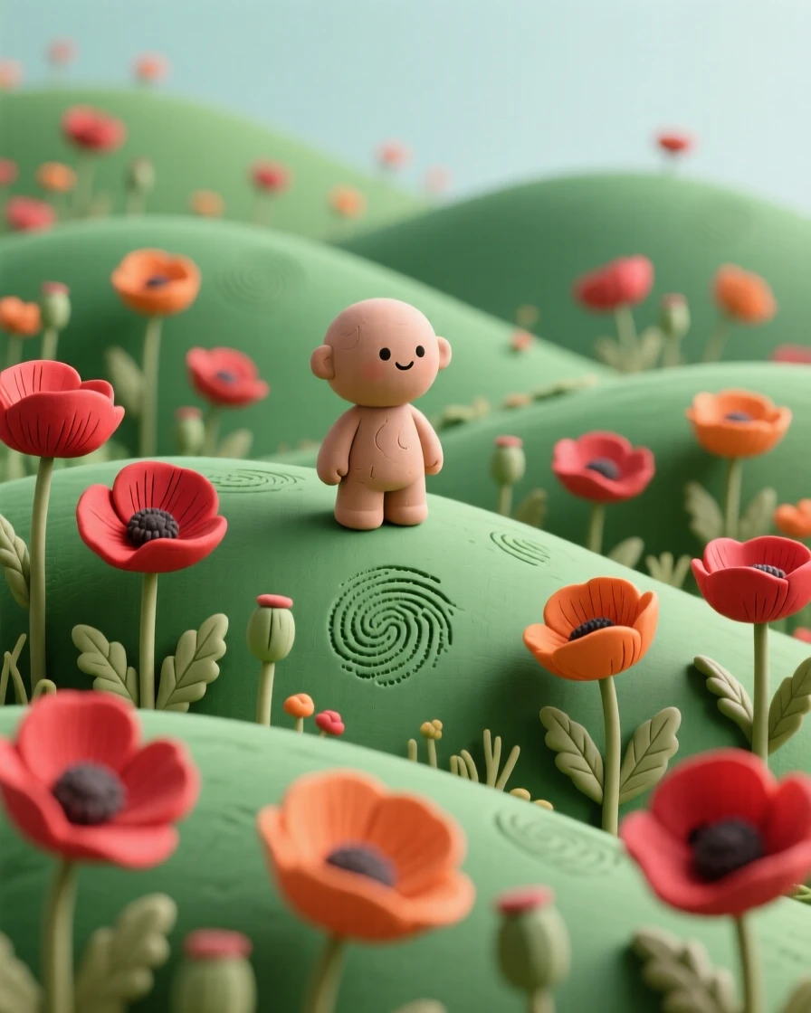 A field of wild poppies scattered across a rolling green hillside