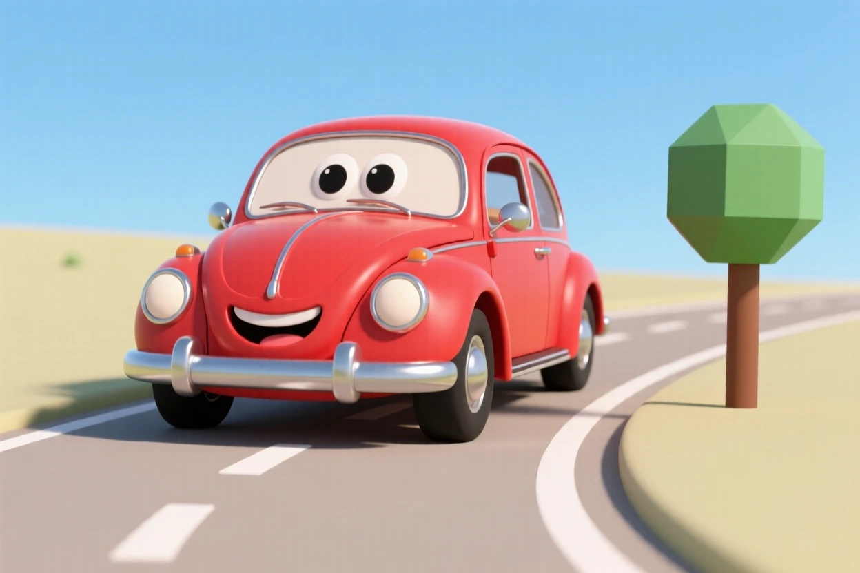 A cheerful red vintage car with round headlight eyes and a bumper smile rolls happily down a sunny country road.