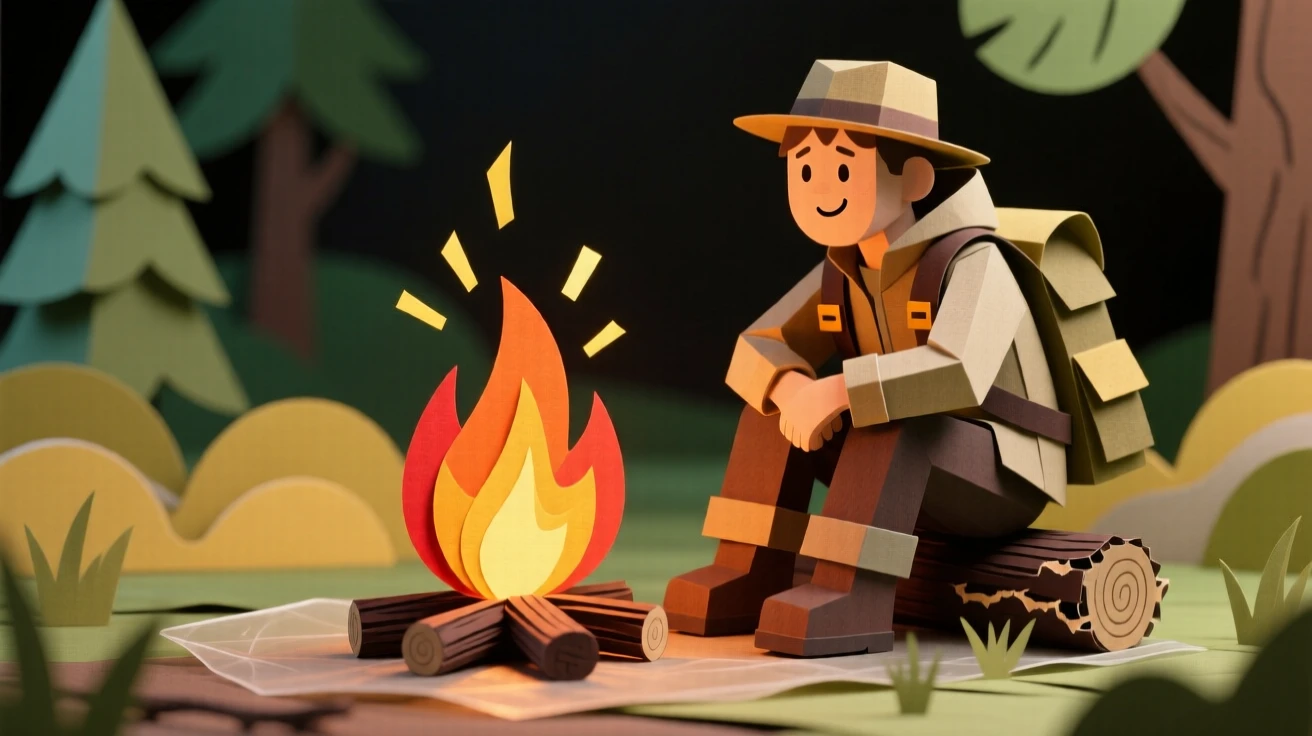 A weary but happy hiker sharing a quiet moment by a crackling campfire, with warm golden light wrapping around them, evoking love across generations.