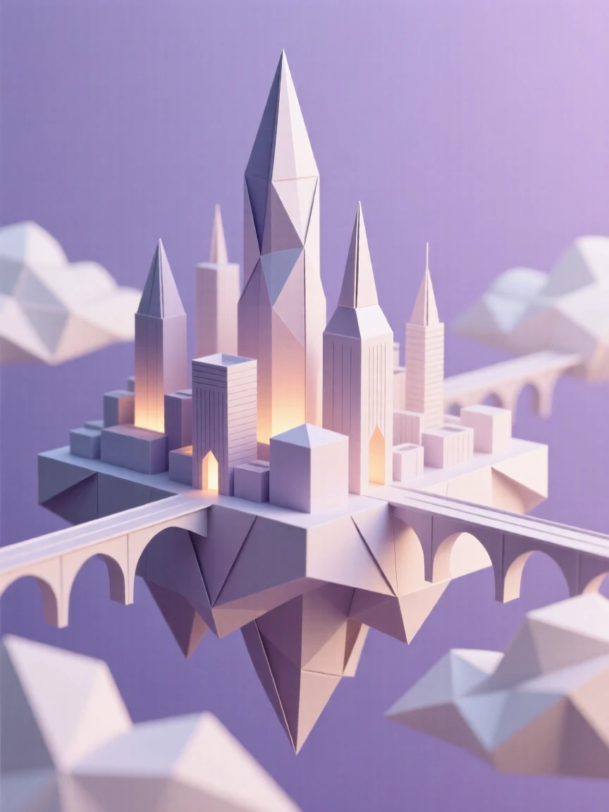 A floating city suspended among clouds, bridges connecting glowing towers under a lavender sky.