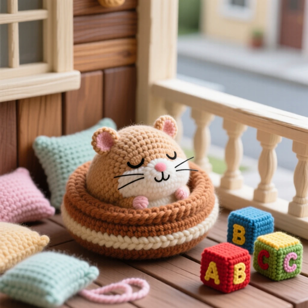 a sleepy hamster in a cozy nest, surrounded by soft bedding, is shown curled into a tiny ball of fur within a quiet porch overlooking a peaceful street beside a scattering of colorful toy blocks, capturing quiet satisfaction in a small task well done.