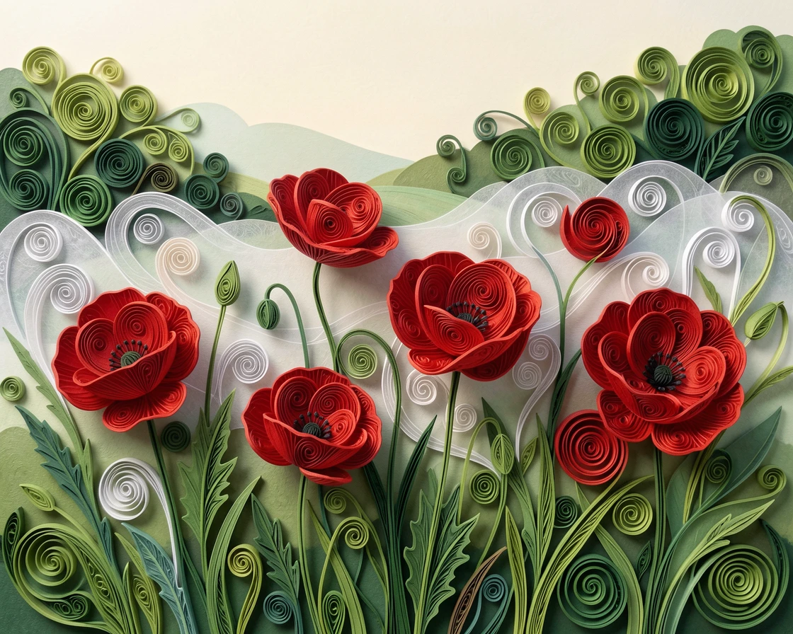 a field of red poppies swaying in the breeze, in a quiet countryside meadow at sunrise, framed by soft out-of-focus greenery, under a light mist rising from the ground.