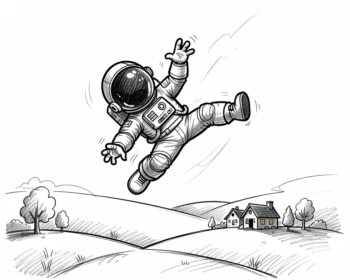 An astronaut floating and doing a somersault in zero gravity above a quiet countryside at midnight.