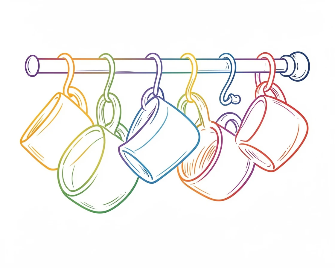 A collection of hand-painted ceramic mugs hanging from a kitchen rail.