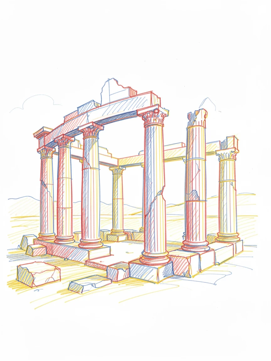 A grand ancient ruin with crumbling columns bathed in golden light