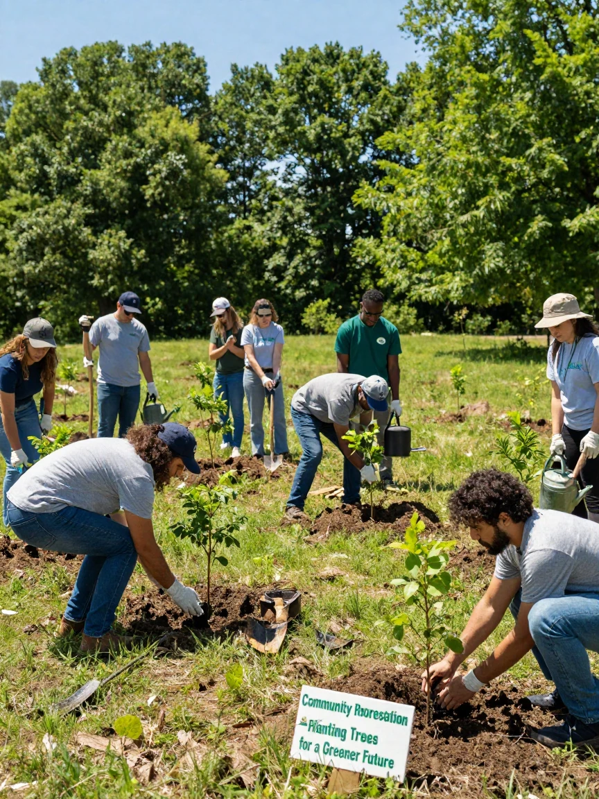 A reforestation effort with volunteers planting young trees