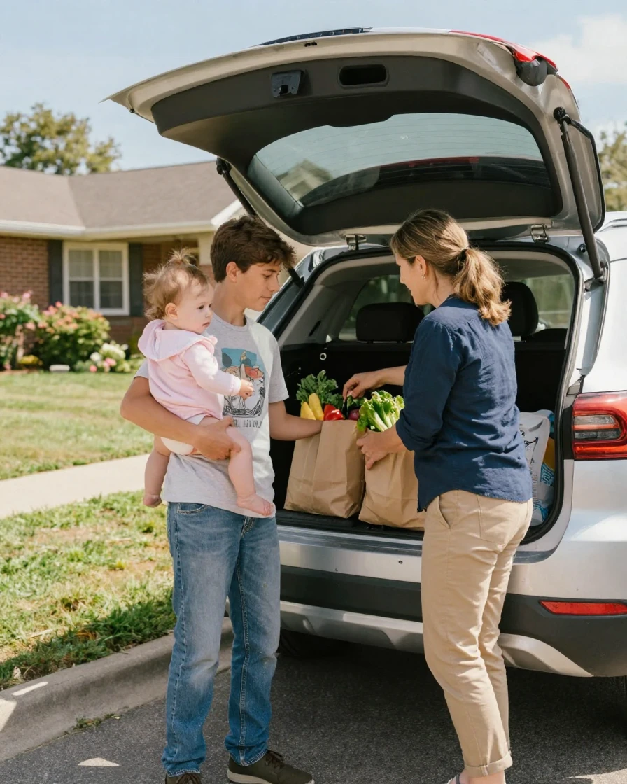 A teenage boy carries his baby sister on his hip while helping his mother unload groceries from a car trunk.