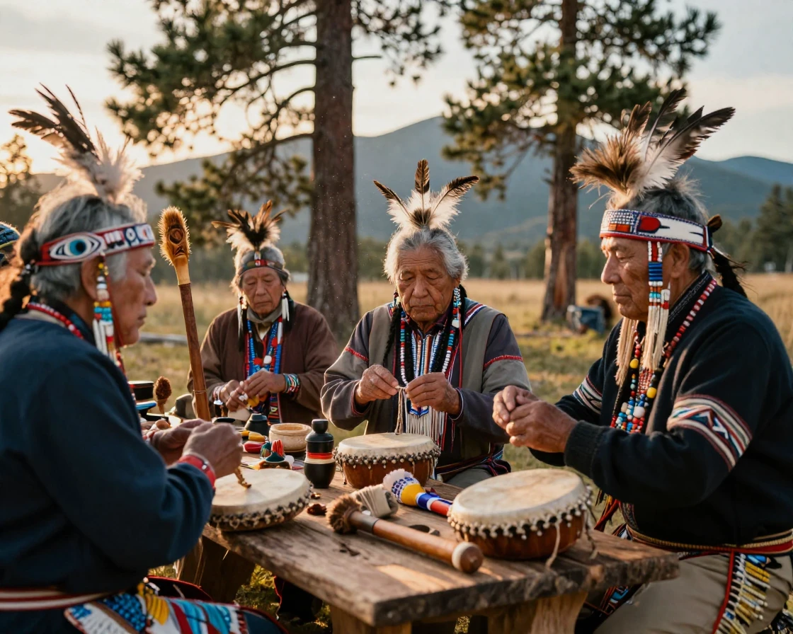 A gathering of Native American elders preparing for a grand seasonal festival