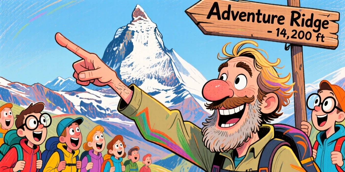 A mountain guide pointing out a distant peak to a group of eager hikers.