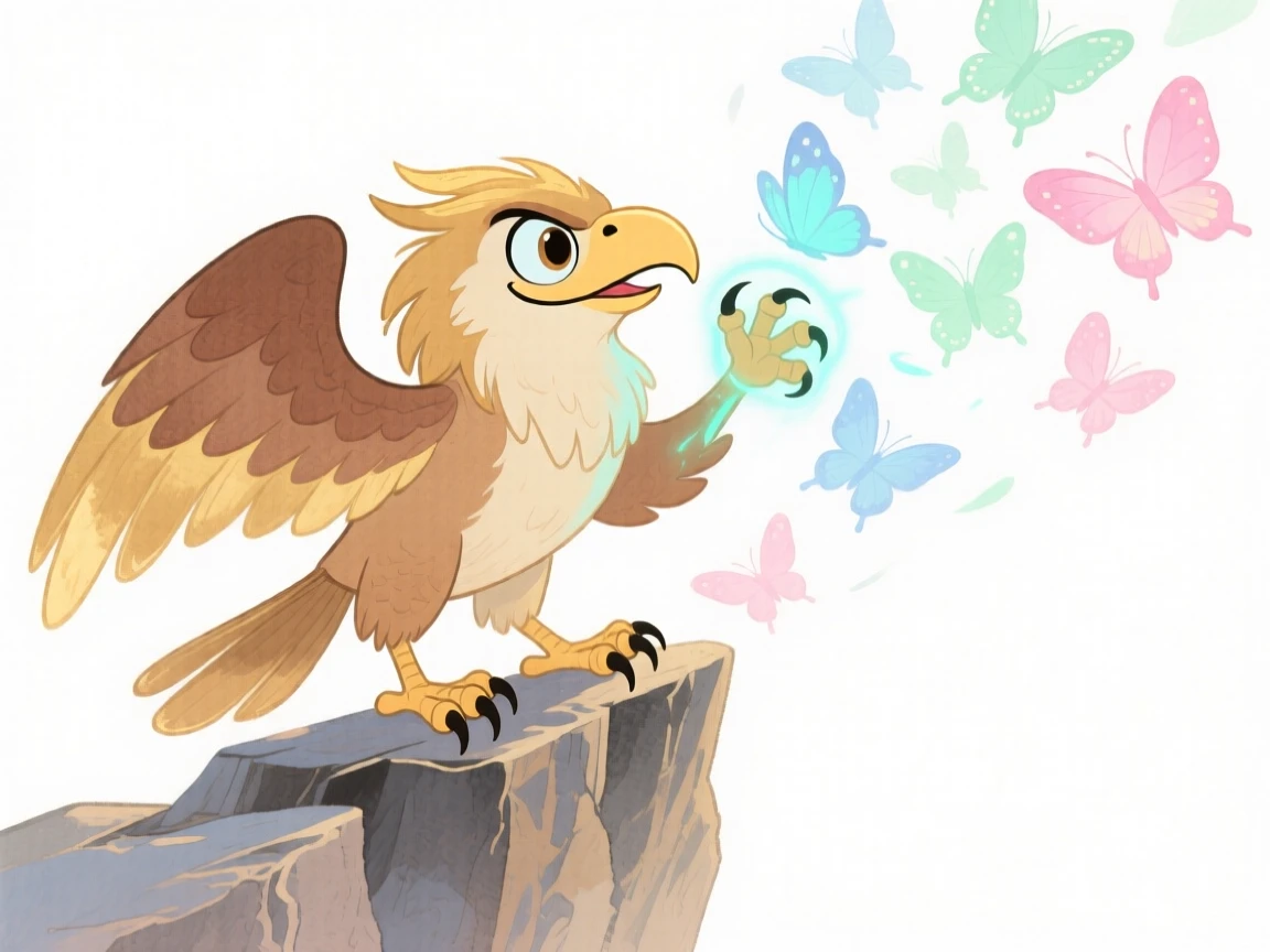 A griffin perched on a cliff summoning a flock of glowing butterflies