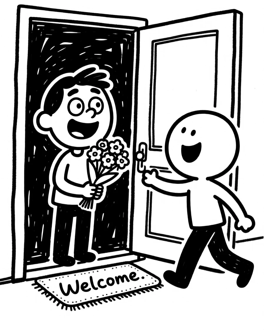 A partner surprising the other with a bouquet of flowers at the front door.