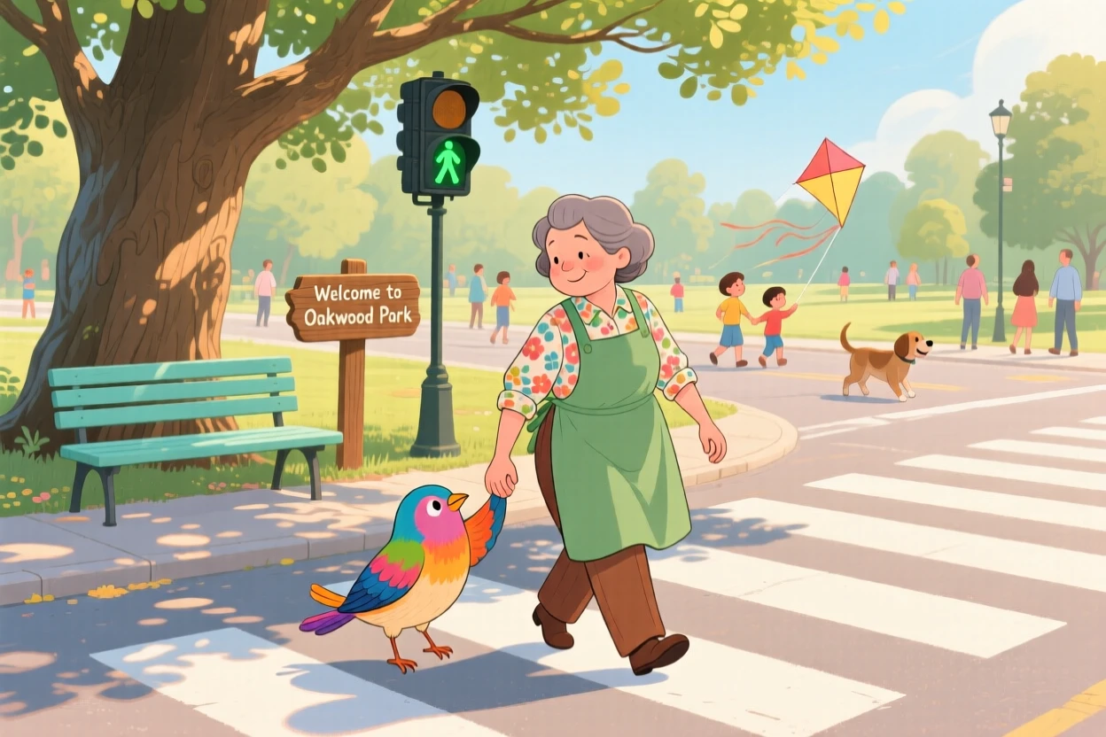 A small bird and a kind gardener share a tender moment holding hands while crossing a busy street in a park bench under an old oak tree, as trust grows between them.