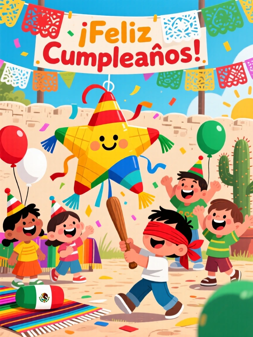 Children in Mexico breaking a star-shaped piñata at a birthday party.