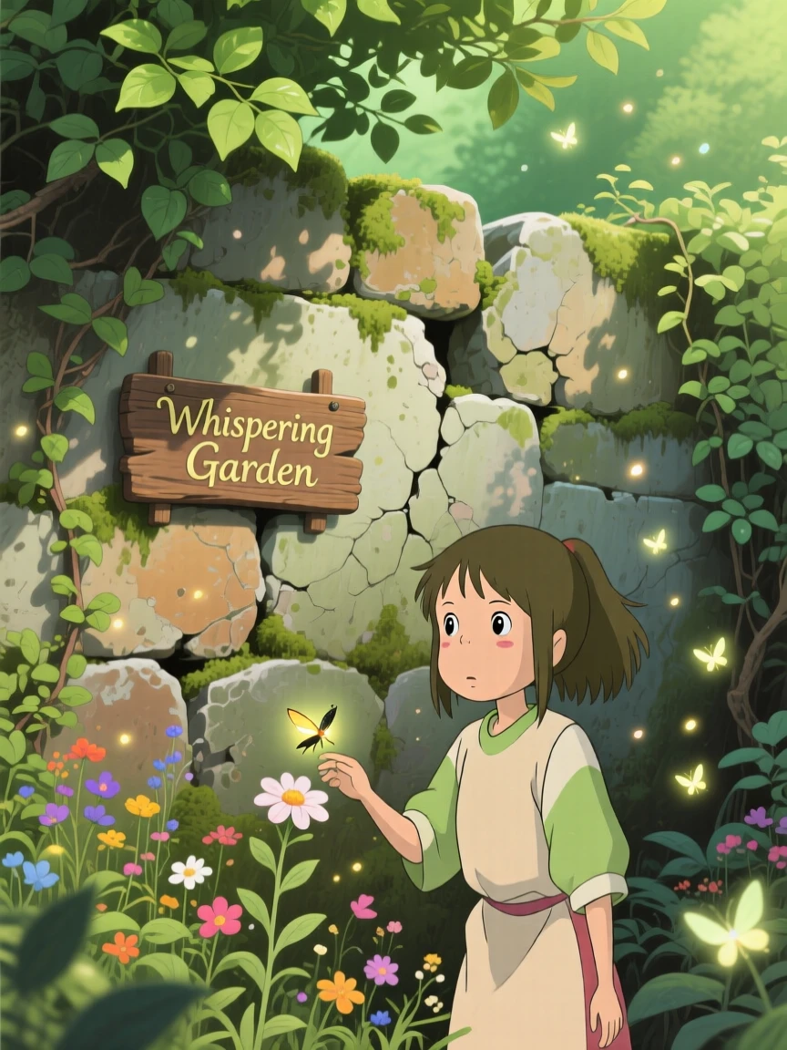 A hidden garden enclosed by a crumbling stone wall, soft green light filtering through overlapping leaves, creating a scene of quiet natural magic.