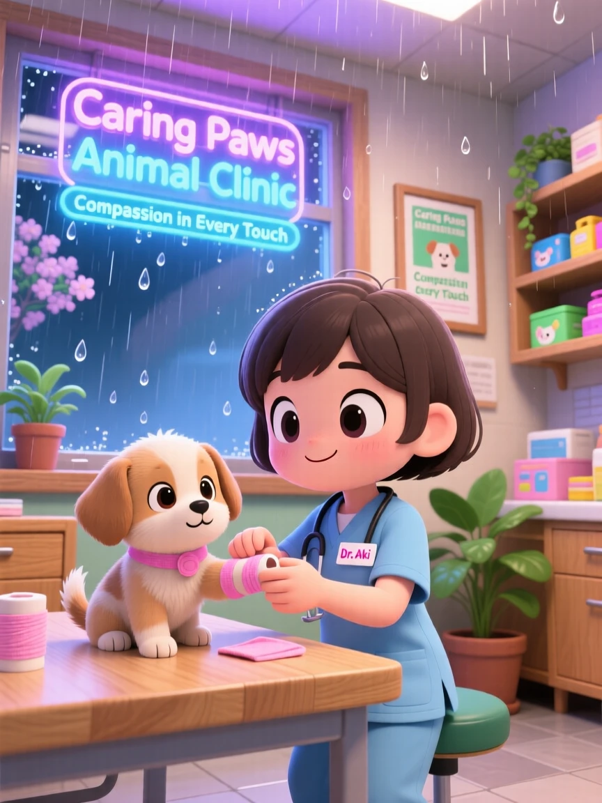 A small veterinarian bandaging a puppy's paw gently, framed as a worm's-eye view within a cozy animal clinic, during a gentle spring rain shower, glowing under neon-lit glow, evoking peaceful calm.