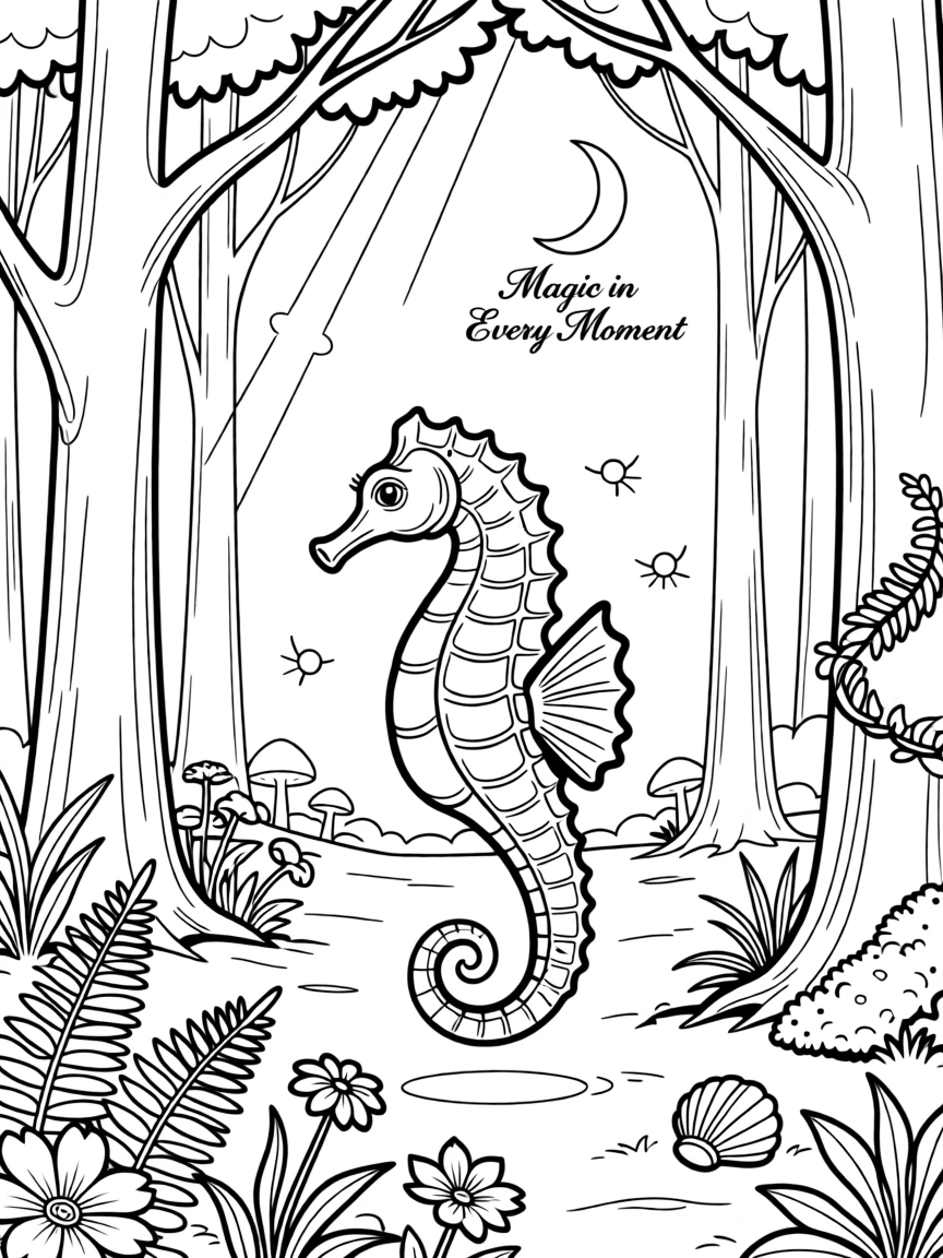 A seahorse prowling through a moonlit forest, with sunlight breaking through the canopy above.