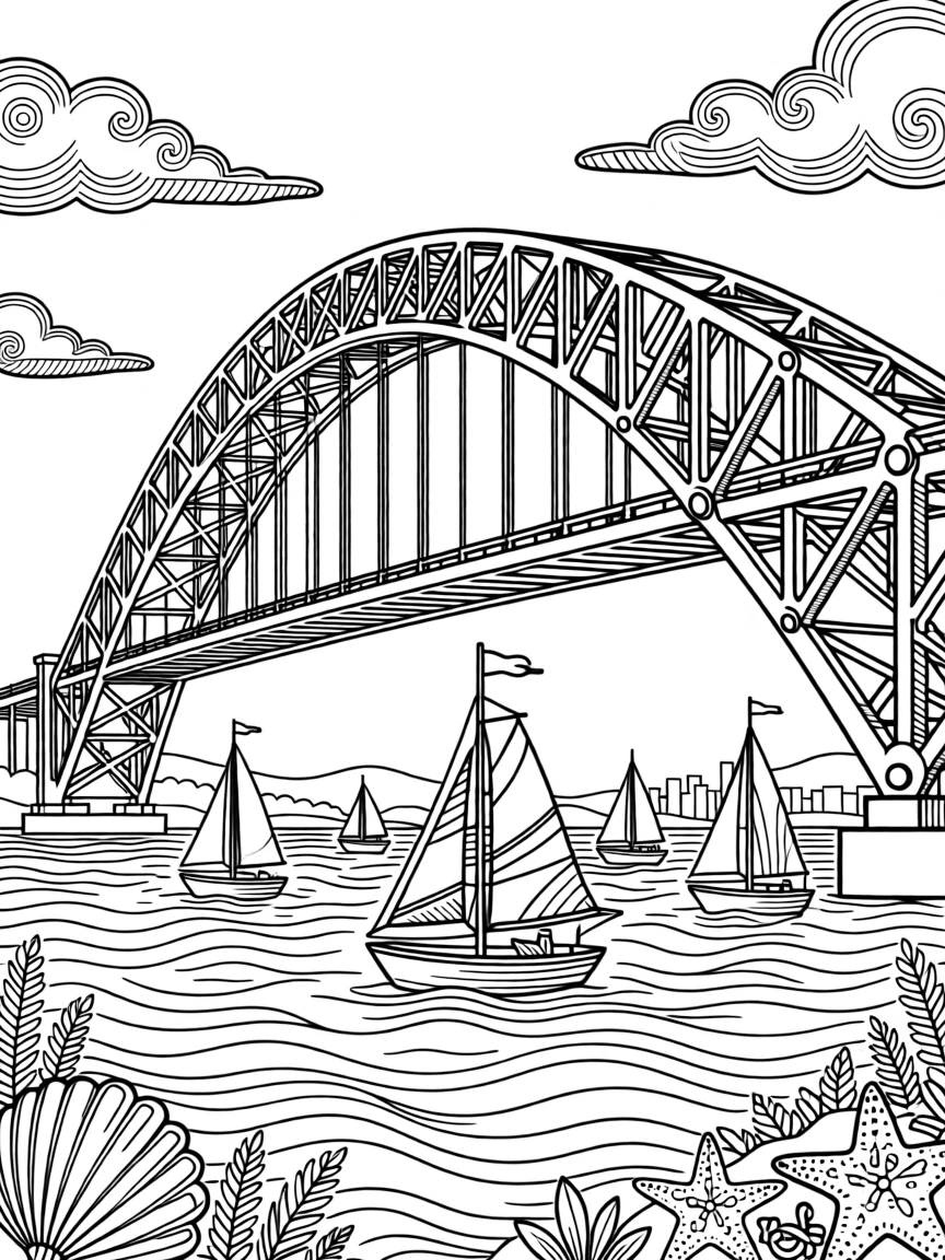 A great harbour bridge arching over sailboats at sunset.