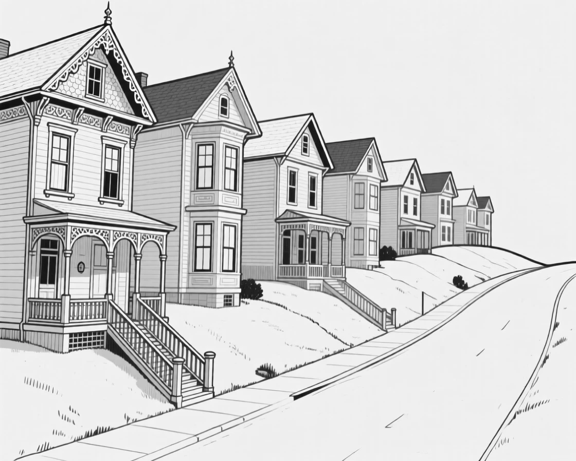A row of ornate Victorian houses along a hillside street