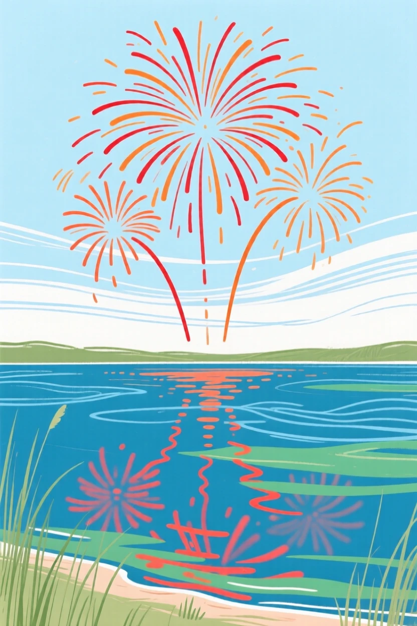 A summer fireworks display reflected over a lake.