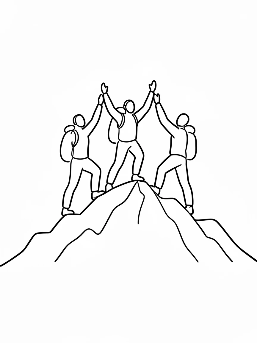 A group of hikers reaching a mountain summit with arms raised in triumph