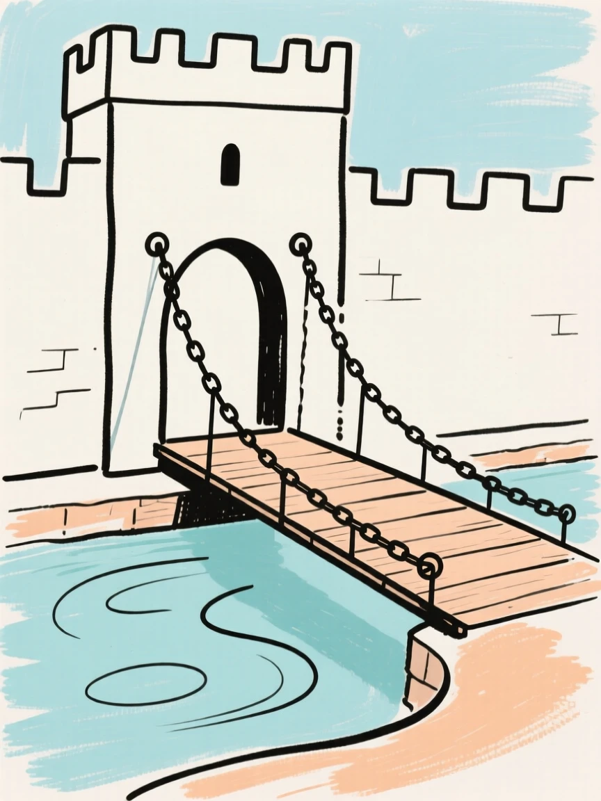 A castle drawbridge over a moat