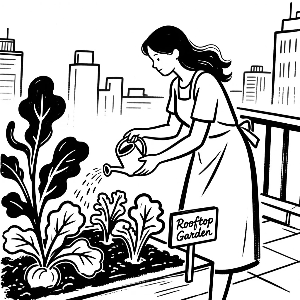 A woman tending to a vibrant rooftop vegetable garden in the city.